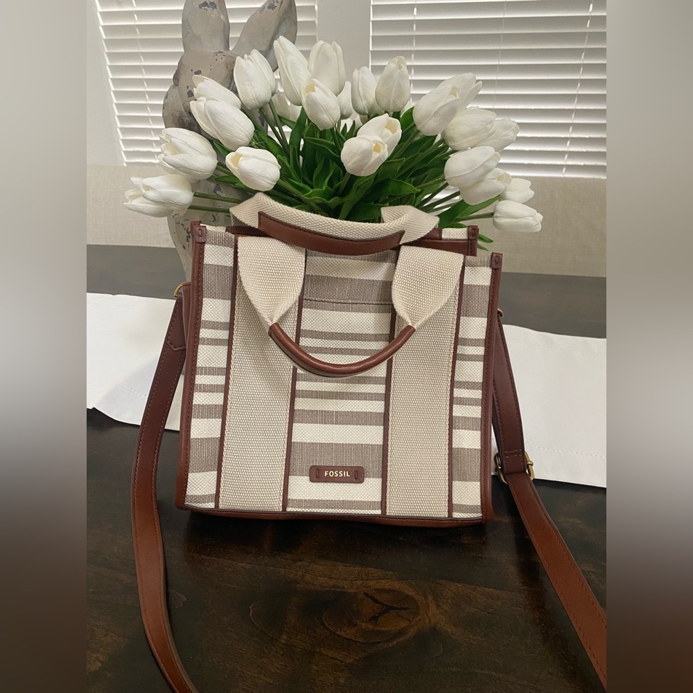 Fossil Kingston Satchel in Beige/Neutral Stripe